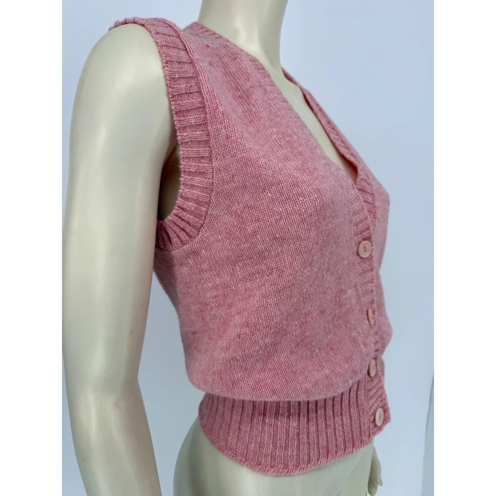 Hush Puppies Pink‎ Knit Button Up Sweater Vest Basset Hound Dog Patch Cardigan